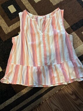 GAP Striped Sleeveless Ruffle-Hem Top - Pink, White & Peach